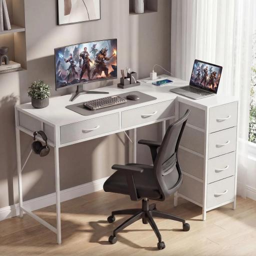 Escritorio Esquinero Reversible con 6 Cajones 126x48 cm con Toma de Corriente Puerto de Carga USB y USB-C Blanco