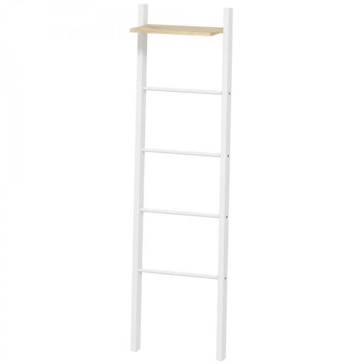 Toallero Escalera con Estante Superior y 4 Barras Toallero de Baño para Apoyar en Pared 43x20x151 cm Blanco y Roble [2]