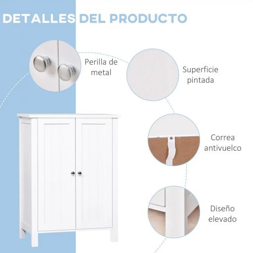 Armario de Baño con 2 Puertas y 2 Estantes Ajustables Interiores Mueble Auxiliar de Almacenaje 60x30x80 cm Blanco [4]