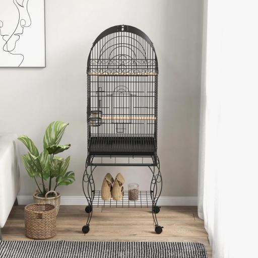 Jaula de Pájaros con Ruedas Jaula de Aves Exterior con Bandeja Extraíble Rejilla 2 Cuencos Percha 51x51x153 cm Negro [6]