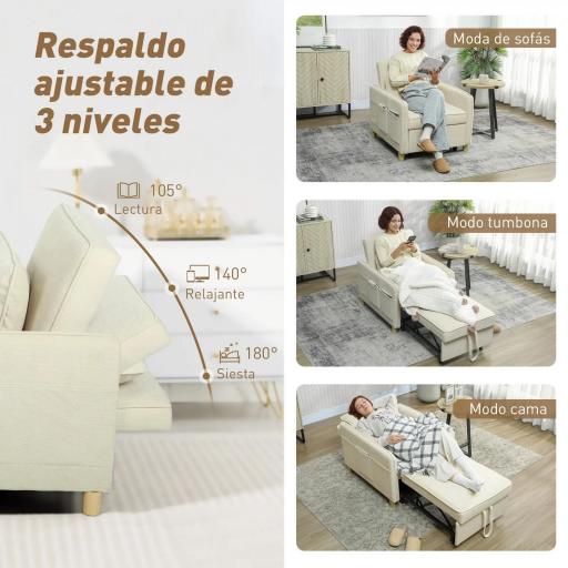 Sillón Cama Individual 3 en 1 Sofá Cama Plegable con Respaldo Ajustable y Cojín para Salón 74x85,5x82 cm Beige [3]