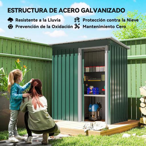 Cobertizo de Jardín Exterior 1,16 m² 163x89x182 cm Caseta Metálica con Puerta Corredera y Techo Inclinado Verde [2]