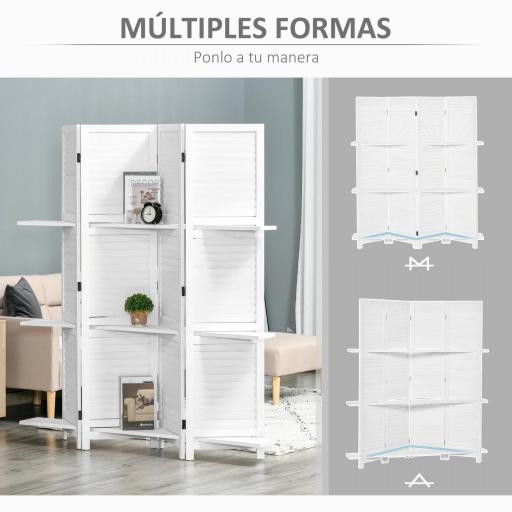 Biombo Separador de Madera de 4 Paneles Divisor de Habitaciones Plegable con 3 Estantes Extraíbles Diseño Persiana para Dormitorio Oficina 160x170 cm Blanco [6]