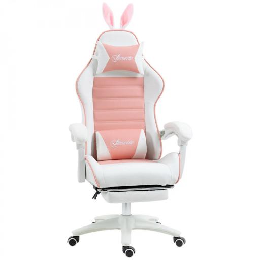 Silla Gaming Profesional de Cuero PU con Altura Ajustable Inclinable 135° Reposacabezas 65x63x136-142 cm Rosa y Blanco [9]
