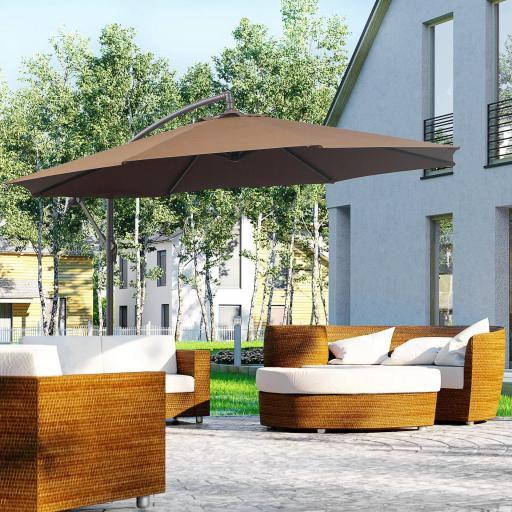 Sombrilla de Jardín Ø295 cm Parasol Excéntrico Inclinable con Manivela Base Cruzada y Soporte de Acero Café