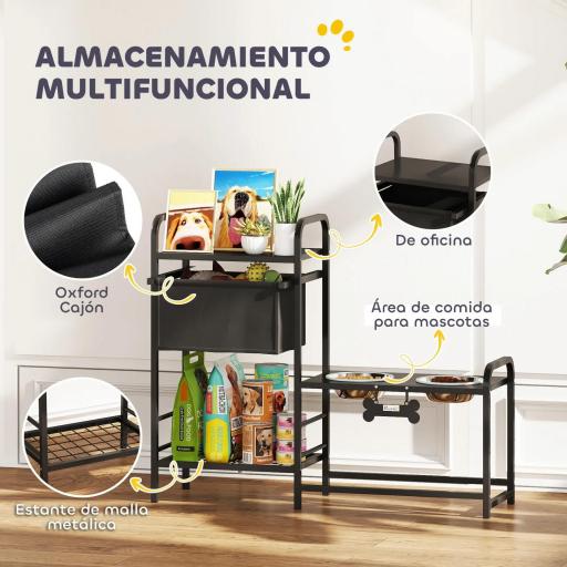 Comedero Perro Elevado con Cajón de Tela 2 Cuencos de Acero Inoxidable 2x800 ml Altura Ajustable 2 Estantes Negro [5]