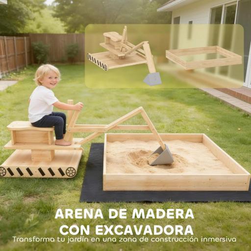 Arenero para Niños de Madera con Excavadora Arenero Infantil con Asiento Giratorio 360° y Forro 184x90x56 cm Natural [2]