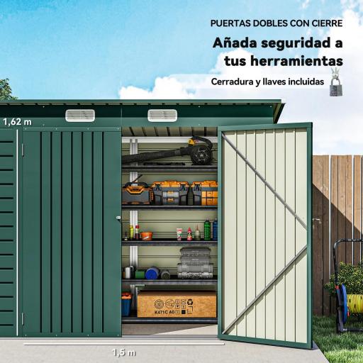 Caseta de Jardín Exterior 2,7m² 249x121x183 cm con Doble Puerta 2 Ventilaciones y Pestillo Verde [7]