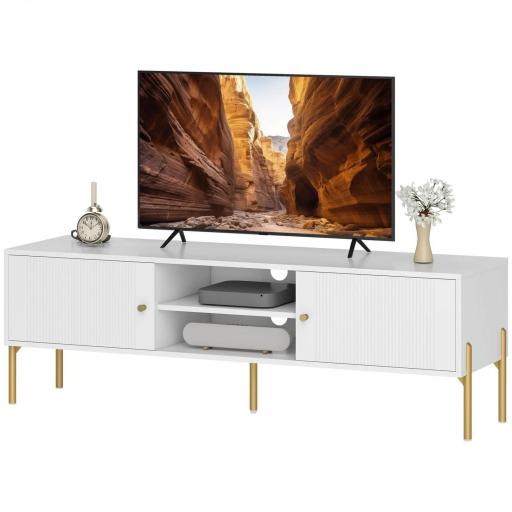Mueble de TV Moderno con 2 Puertas 2 Estantes Abiertos Orificios Pasacables para TV 65 Pulgadas 140x38x45,9 cm Blanco [9]