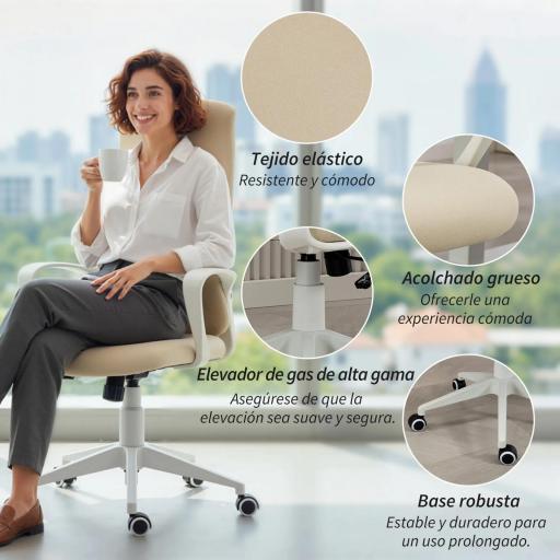 Silla de Oficina Giratoria Altura Ajustable con Reposabrazos Función de Basculante Respaldo Alto 62x56x110-119,5cm Beige [6]