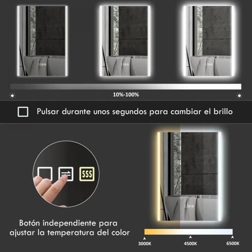 Espejo de Baño con Luz LED 70x50 cm con 3 Colores de Luz Función Antivaho Función de Memoria IP44 Horizontal/Vertical [6]