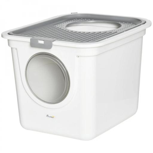 Arenero para Gatos Cubierto con Pala Inodoro para Gatos con 2 Puertas Principal y Superior 44x55x39 cm Blanco y Gris [9]