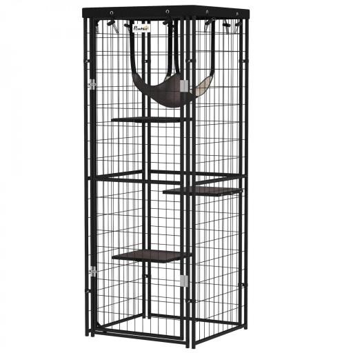 Jaula para Gatos Exterior e Interior Metálica con Cubierta Impermeable Perchas Hamaca y Puerta 61,5x55x157 cm Negro [6]