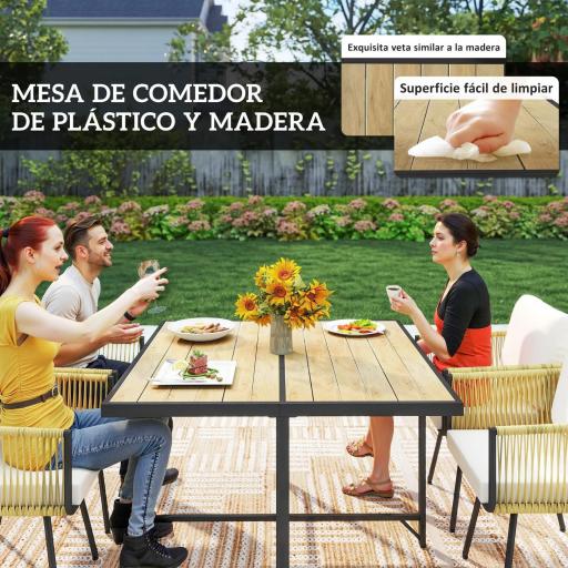 Conjunto de Mesa y Sillas Jardín de Ratán 5 Piezas con Mesa de Plástico-Madera 4 Sillas con Cojines Extraíbles Beige [3]