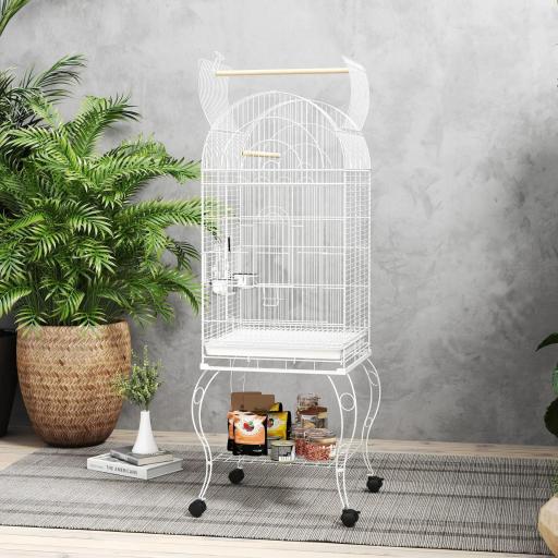 Jaula para Pájaros con Ruedas y Estante 51x51x153 cm con Parte Superior Abatible Comederos y Bandeja Extraíble Blanco [5]