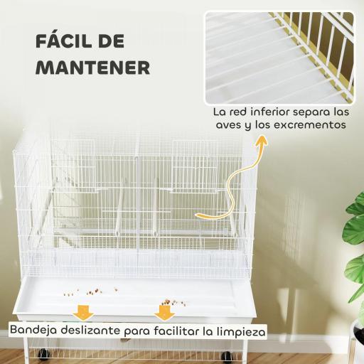Jaula para Pájaros con Divisor Comederos Bandeja Extraíble y Soporte para Canarios y Periquitos 94x57x57/128 cm Blanco [7]