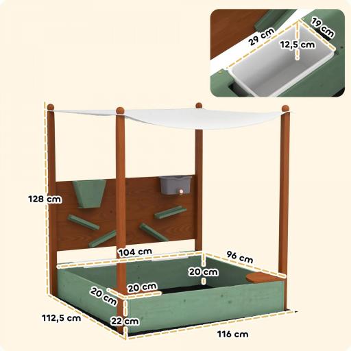 Arenero para Niños de Madera con Techo Arenero Infantil con 2 Asientos 2 Cajas Grifo Embudo 116x112,5x128 cm Verde [1]