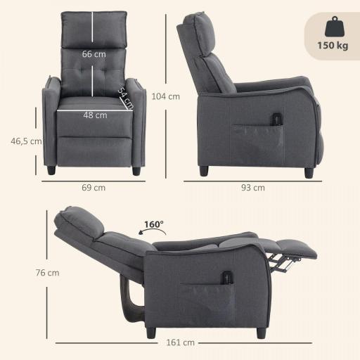 Sillón de Masaje Reclinable con Reposapiés 2 Zonas de Masaje Asiento de Muelles Bolsillos Tapizado en Lino Gris [1]