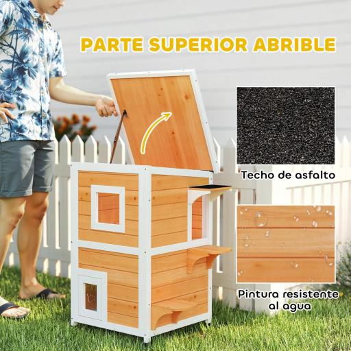 Caseta para Gatos de Madera Exterior de 2 Niveles con Techo Abatible Panel Central Extraíble 51x51x81,3 cm Natural [3]