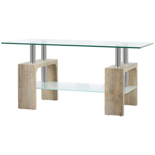 Mesa de Centro Rectangular de Vidrio con Estante Patas de Madera Estilo Moderno 90x50x42 cm Madera Natural [9]