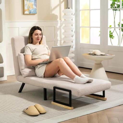 Sofá Cama Individual Plegable Sofá Cama Convertible 4 en 1 Respaldo Ajustable de 5 Niveles y Almohada 63x73x81 cm Beige [5]