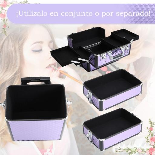 Maletín de Maquillaje Profesional con Ruedas Universales Distintos Niveles Asa Extensible Maletín Maquillaje Trolley Aleación de Aluminio 33.5x23x76/95.5 cm Violeta [3]