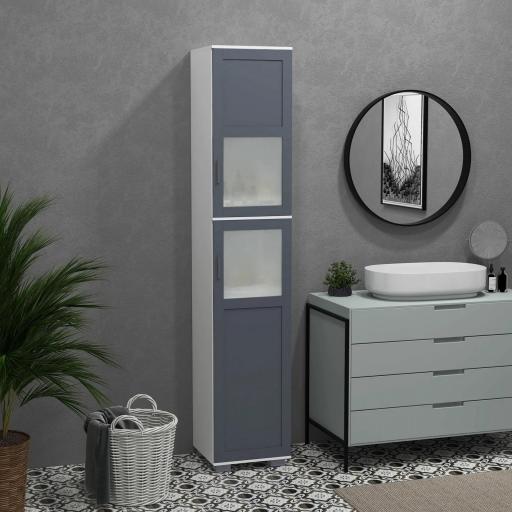 Armario Alto de Baño Mueble Columna de Baño con 2 Puertas de Vidrio Templado y Estantes Ajustables 37x35x190 cm Blanco y Gris [7]