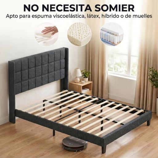Cama 135x190 cm con Almacenaje Inferior Tapizada y Cabecero Acolchado con Orejas Gris [7]