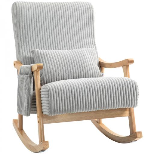 Silla Mecedora de Pana con Patas y Reposabrazos de Madera de Caucho Cojín Lumbar y Bolsillo Carga 120 kg Gris [9]