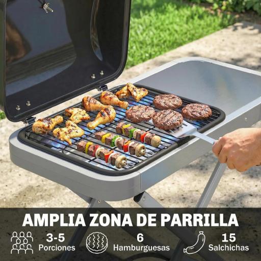 Barbacoa de Gas Plegable con Quemador 2,5 kW Tapa Termómetro Mesa Lateral y 2 Ruedas Parrilla Recogedor Grasa Negro [6]