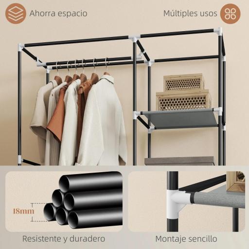 Armario de Tela Plegable Ropero Portátil con 6 Estantes y 1 Barra de Colgar para Dormitorio 103x43x162,5cm Gris [4]