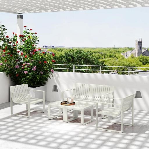 Conjunto de Jardín de 5 Piezas con Sofá de 2 Plazas Sillones y Mesas Diseño de Lamas Polipropileno Impermeable Anti-UV [6]