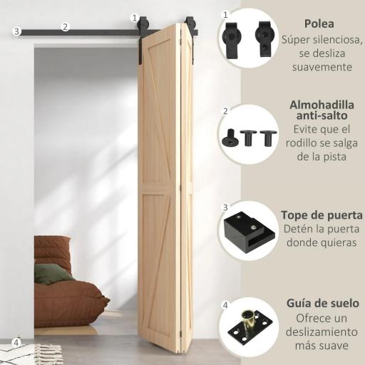 4FT/122CM Herrajes para Puerta Corredera Plegable para 2 Puertas con Riel para Granero Negro [7]