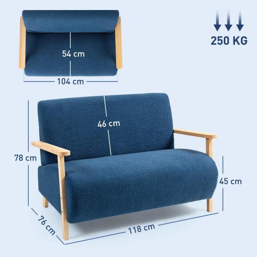 Sofá de 2 Plazas Tapizado en Borreguito 118 cm con Acolchado Grueso Reposabrazos y Patas de Madera Azul Oscuro [1]