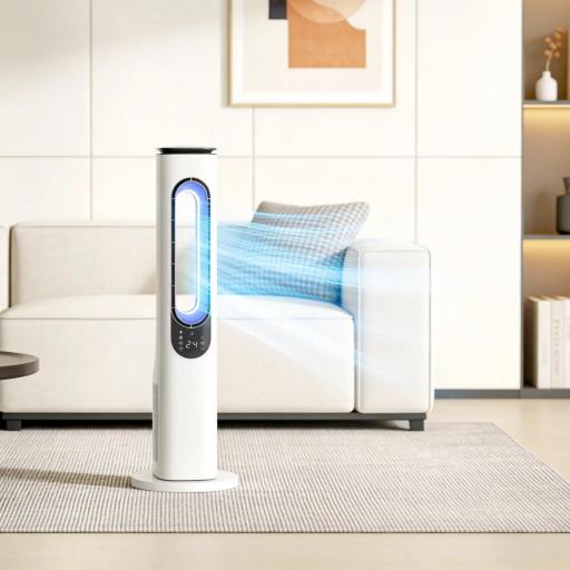 Ventilador de Torre sin Aspas con Luces LED Control Remoto 3 Velocidades 3 Modos Temporizador 15H Oscilación 50° Blanco [0]