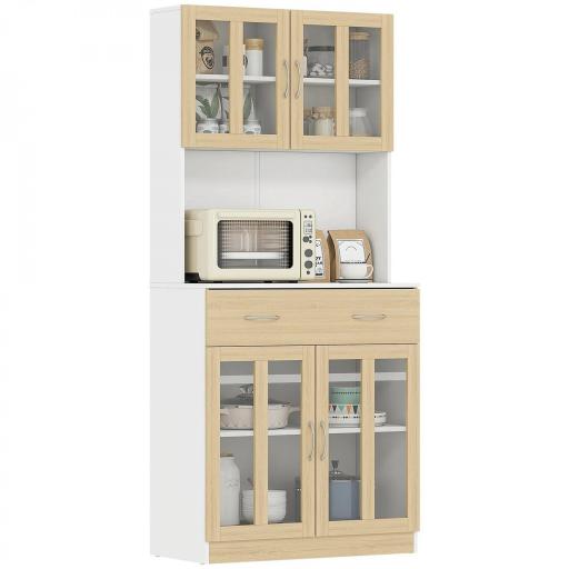 Alacena de Cocina con 4 Puertas de Vidrio Encimera Abierta Cajón Estantes Ajustables 80x40x180 cm Blanco y Natural [8]