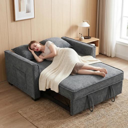 Sofá Cama 2 Plazas 3 en 1 con Respaldo Ajustable Bolsillos Laterales 2 Almohadas para Sala de Estar Gris Oscuro [7]