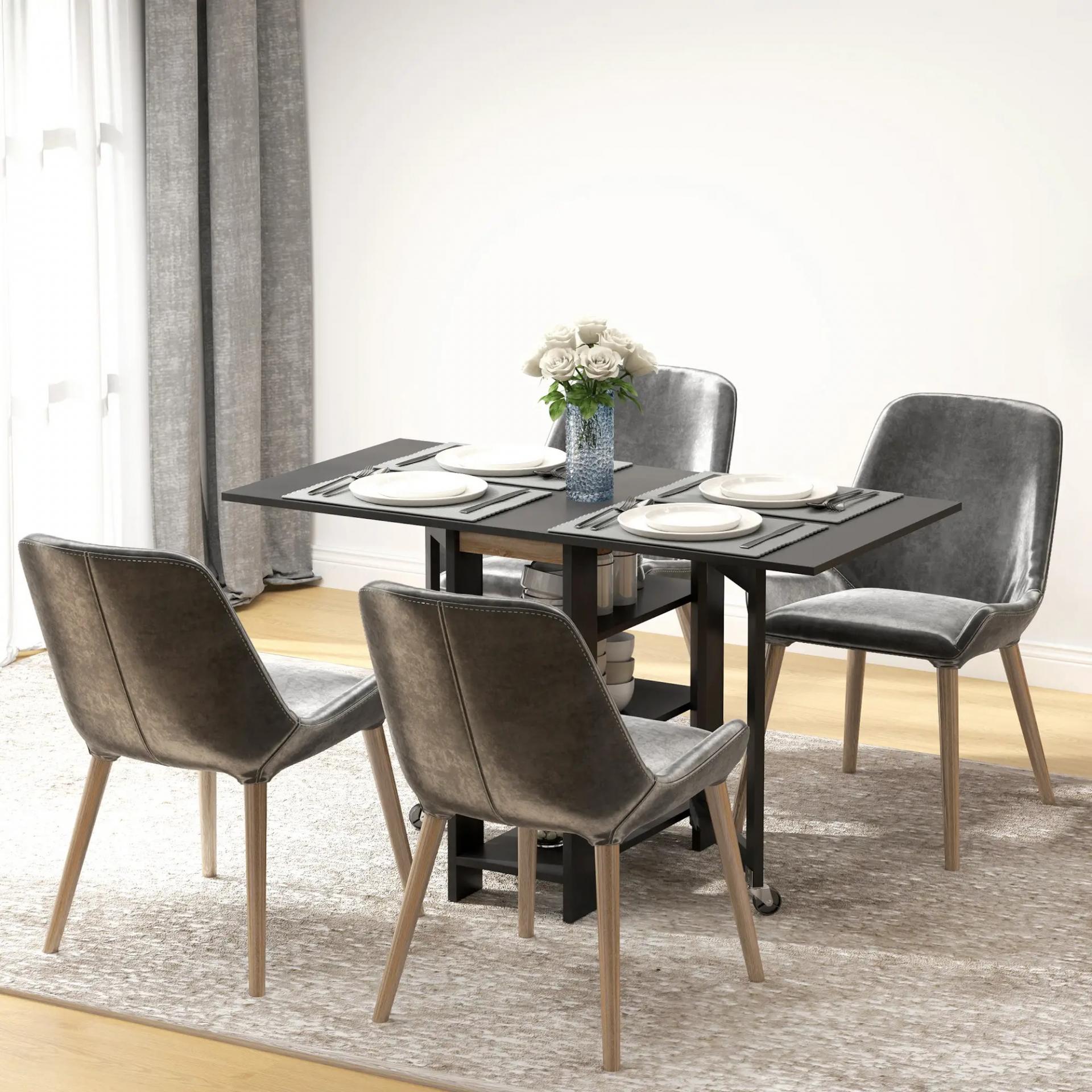 Mesa de Cocina Plegable con Alas Abatibles 2 Ruedas y Estantes Estilo Moderno 120x60x75 cm Negro