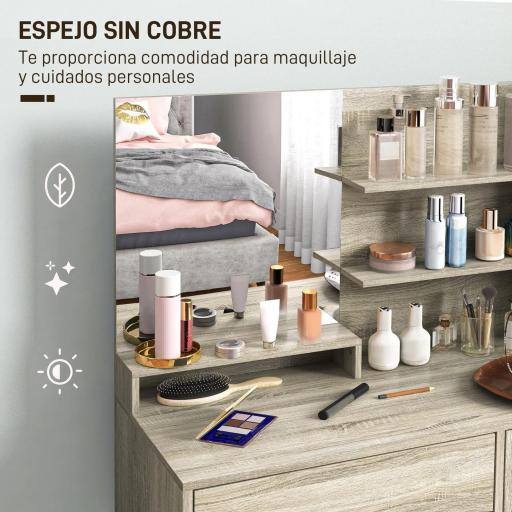 Tocador de Maquillaje con Taburete Espejo Estantes Abiertos Cajón y Estante Ajustable Anti-vuelco Natural y Beige [6]