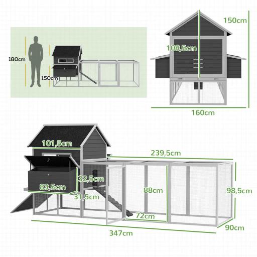 Gallinero de Exterior de Madera para 8-10 Gallinas con 2 Nidos Bandeja Extraíble y Rampa 347x160x150 cm Gris y Blanco [3]