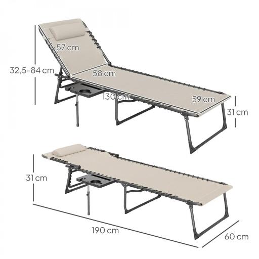 Tumbona Plegable con Respaldo Ajustable Reposacabezas Bolsillo Lateral Bandeja y Estructura de Acero 190x60x31 cm Crema [1]