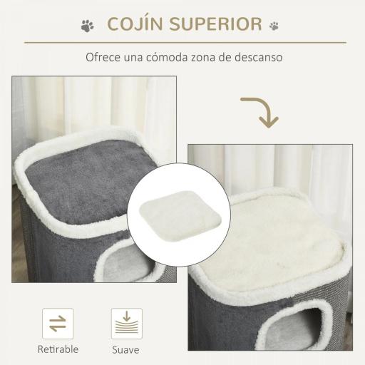 Barril Rascador para Gatos de 2 Niveles con Cuevas de Sisal Felpa Suave y Plataforma de Vellón 40x40x49 cm Gris [5]