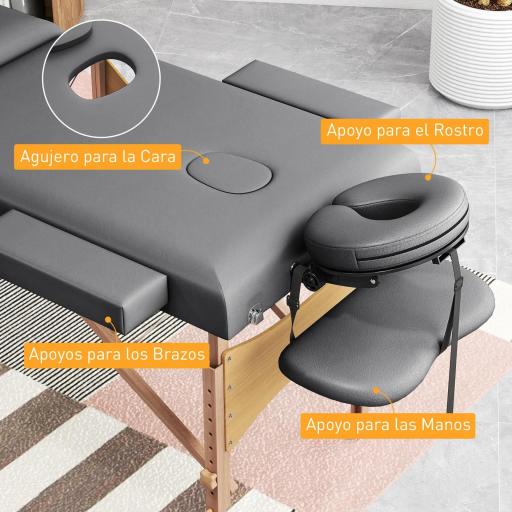 Camilla Masaje Plegable de Madera de 3 Zonas con Altura Respaldo Reposacabezas Ajustables Brazos 215x60x64-89 cm Gris [6]