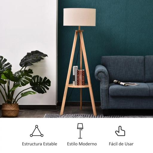 Lámpara de Pie Tipo Trípode con Estructura de Madera Natural y Pantalla de Tela Beige con Estante Integrado 50x50x154 cm [6]