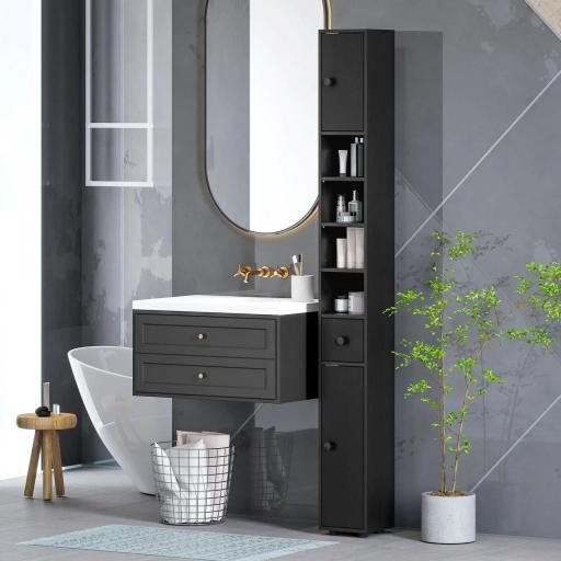 Armario de Baño Alto Columna de Baño Estrecha con 1 Cajón 4 Estantes Abiertos y Estantes Ajustables 20x20x180 cm Negro [0]