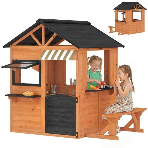 Casita Infantil Exterior e Interior de Madera con Cocina de Juguete y Banco de Picnic Ventanas de Servicio Marrón [8]