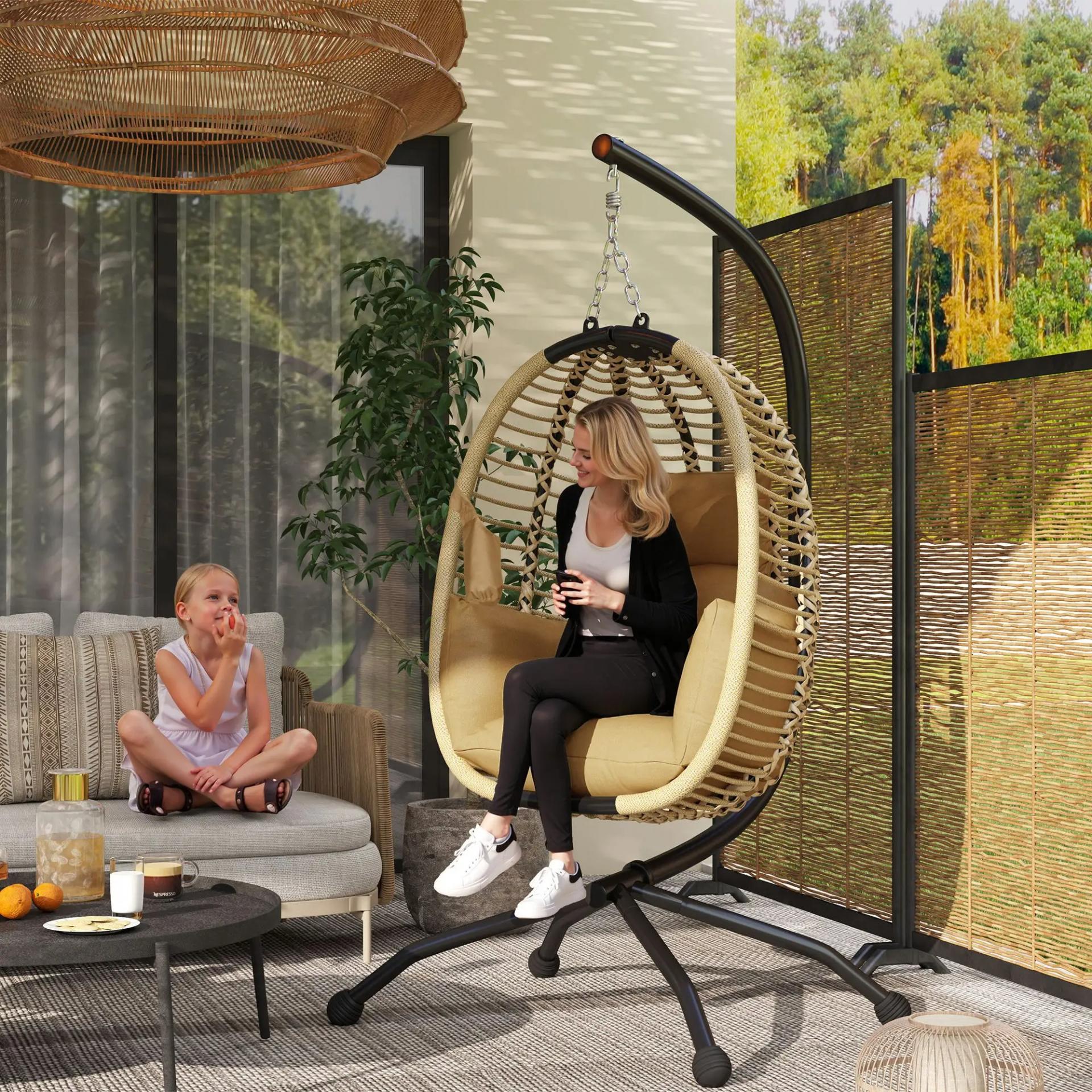 Silla Colgante con Soporte Cesta Plegable Cojín y Reposacabezas para Interior y Exterior Carga 120 kg Beige