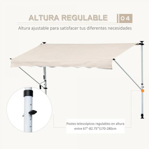 Toldo Manual Retráctil 4x1,2 m, Toldo Exterior Terraza Enrollable, Altura Ajustable 170-280 cm, con Manivela, Anti-UV e Impermeable, Sin Taladro, para Balcón, Jardín, Beige [7]
