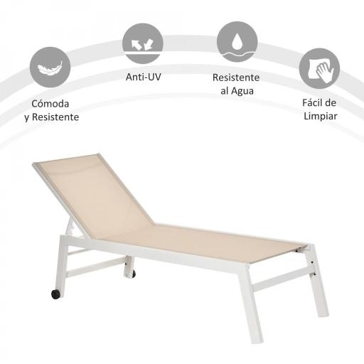 Tumbona de Jardín de Aluminio Tumbona Exterior con Respaldo Reclinable en 5 Posiciones Carga 120 kg 169x65x102 cm Beige [2]