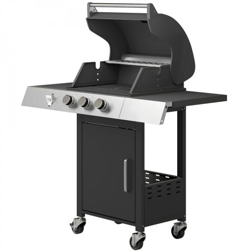 Barbacoa de Gas con 3 Quemadores 8,1 kW Termómetro Parrillas Mesas Laterales Armario y Ruedas 109x50x109 cm Negro [8]